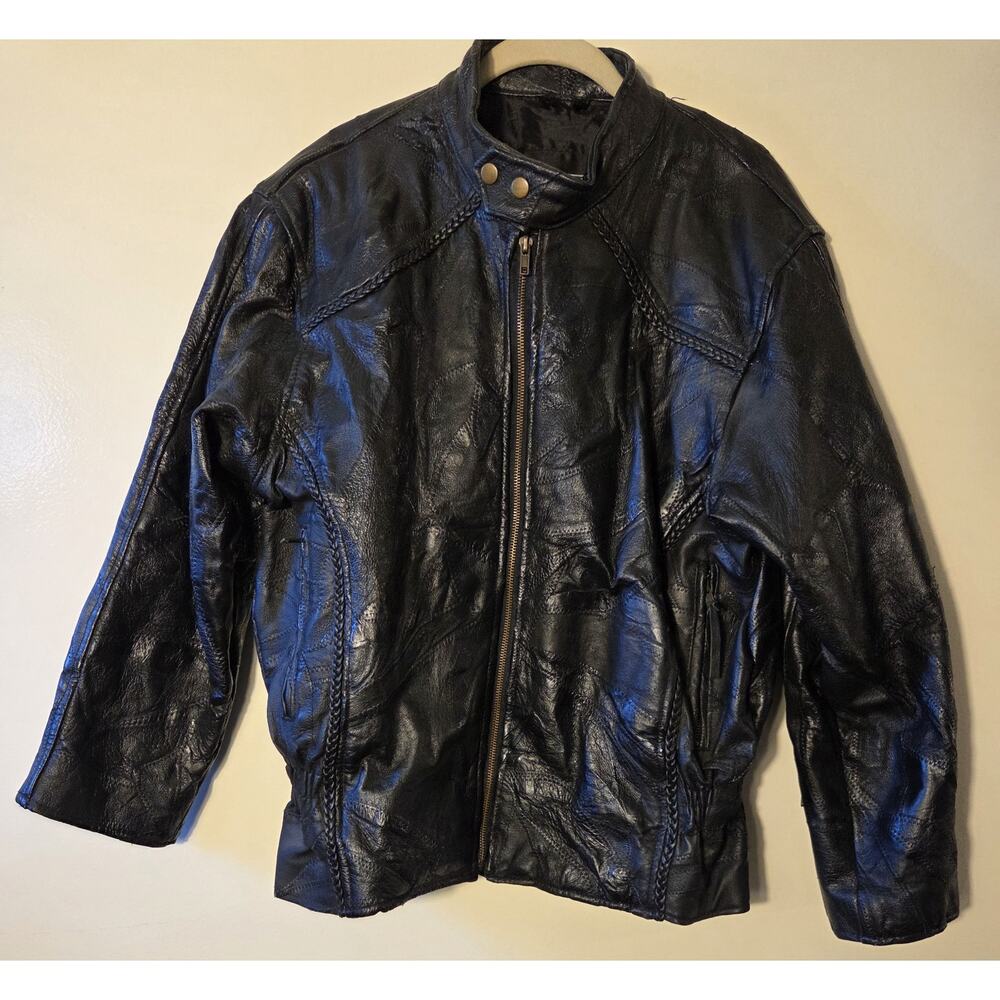 Diamond Plate Womens L Vtg Black Leather Motorcycle Jacket Cinch Waist Braided